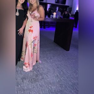 Wedding guest dress, pink dress, long dress, flower print